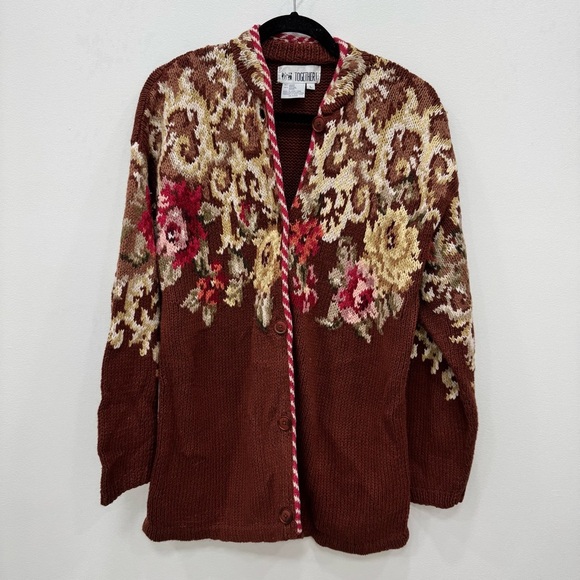 Vintage Together! Floral Cardigan Sweater large beautiful novelty design - Picture 1 of 9